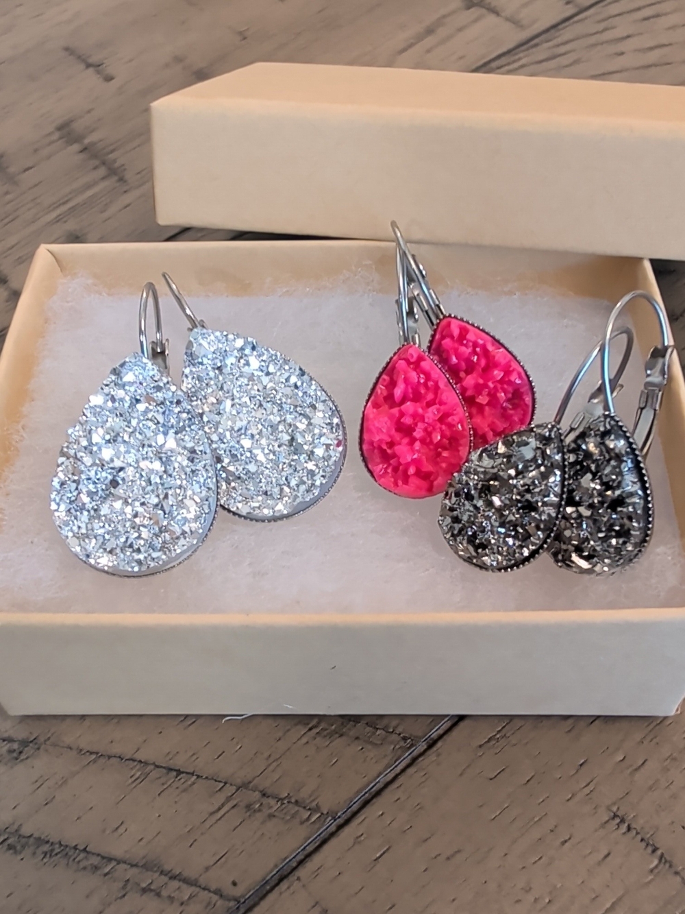 Druzy Teardrop Earrings - Silver, Hot Pink & Gunmetal